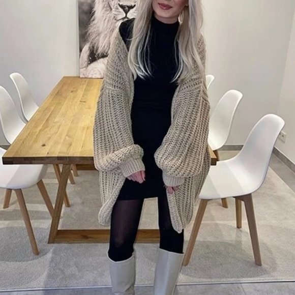 khaki Chunky Knit Open front comfy cozy sweater Cardigan - Picture 13 of 14